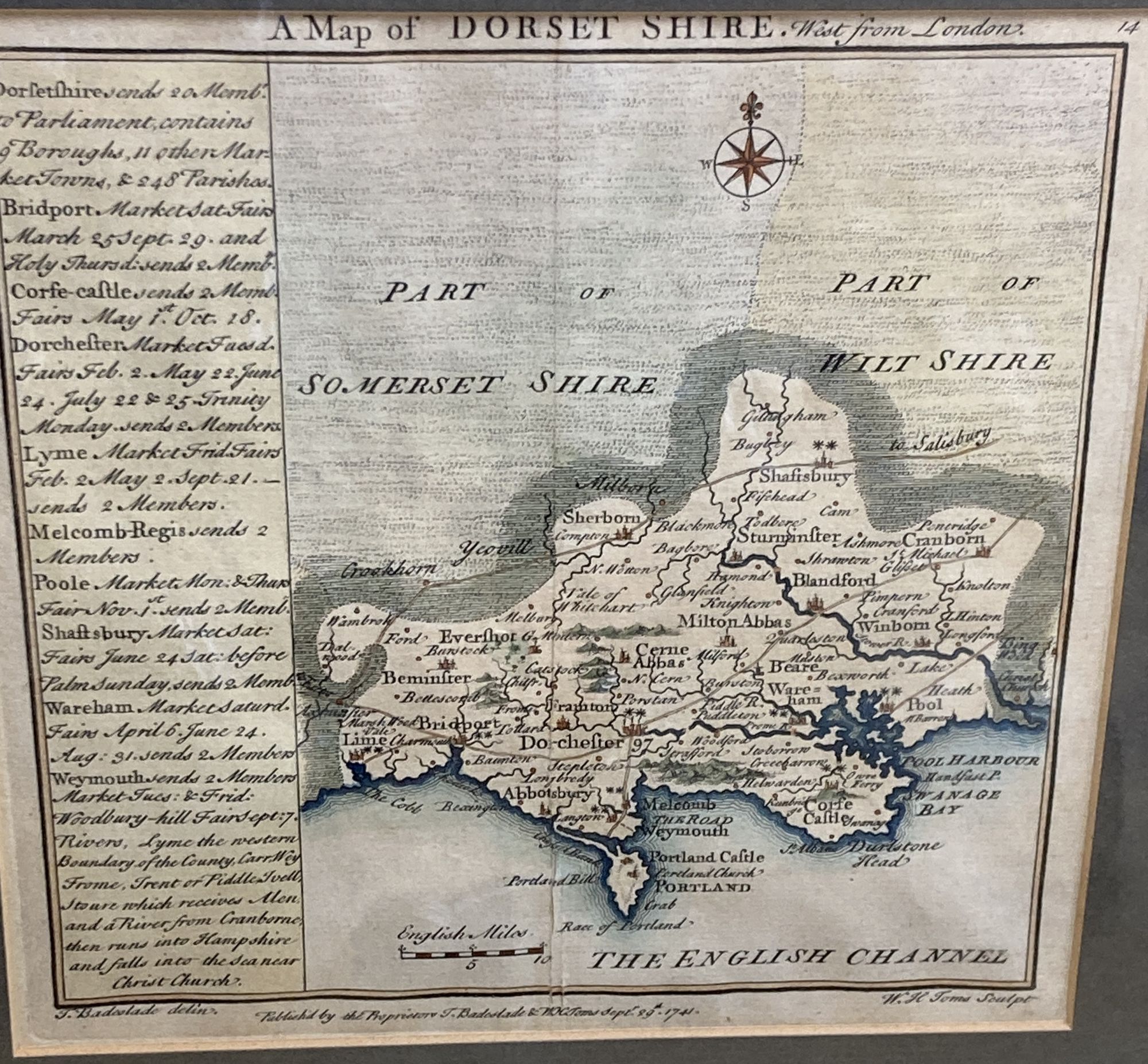 Three 18th century hand coloured engraved maps of Dorsetshire, The Road to Truro and Perou, largest 34 x 24cm